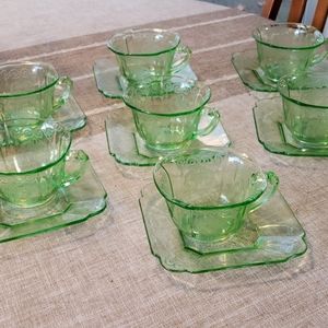 Vintage Green Depression Glass cups and saucers